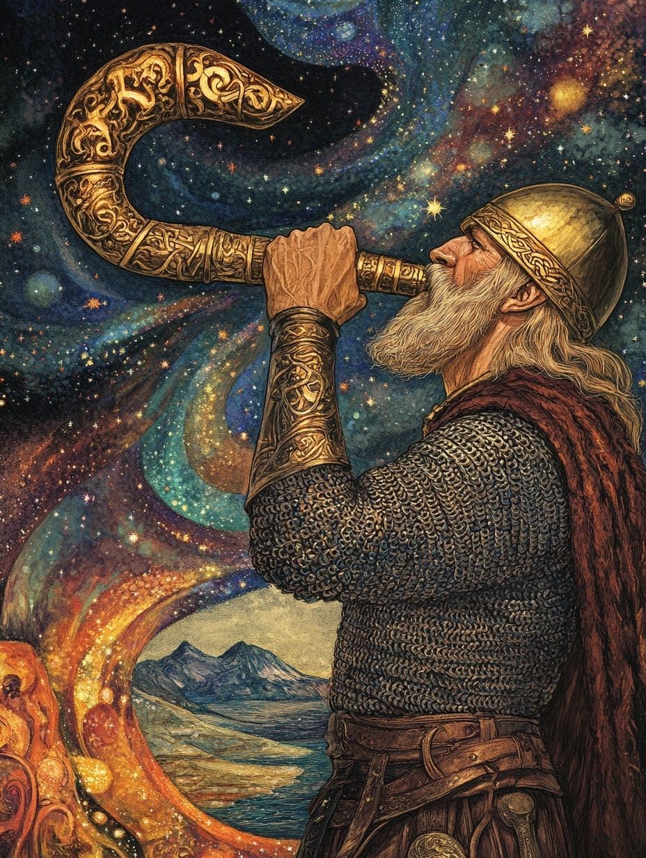 a norse figure holds a golden horn, mystical swirling lights