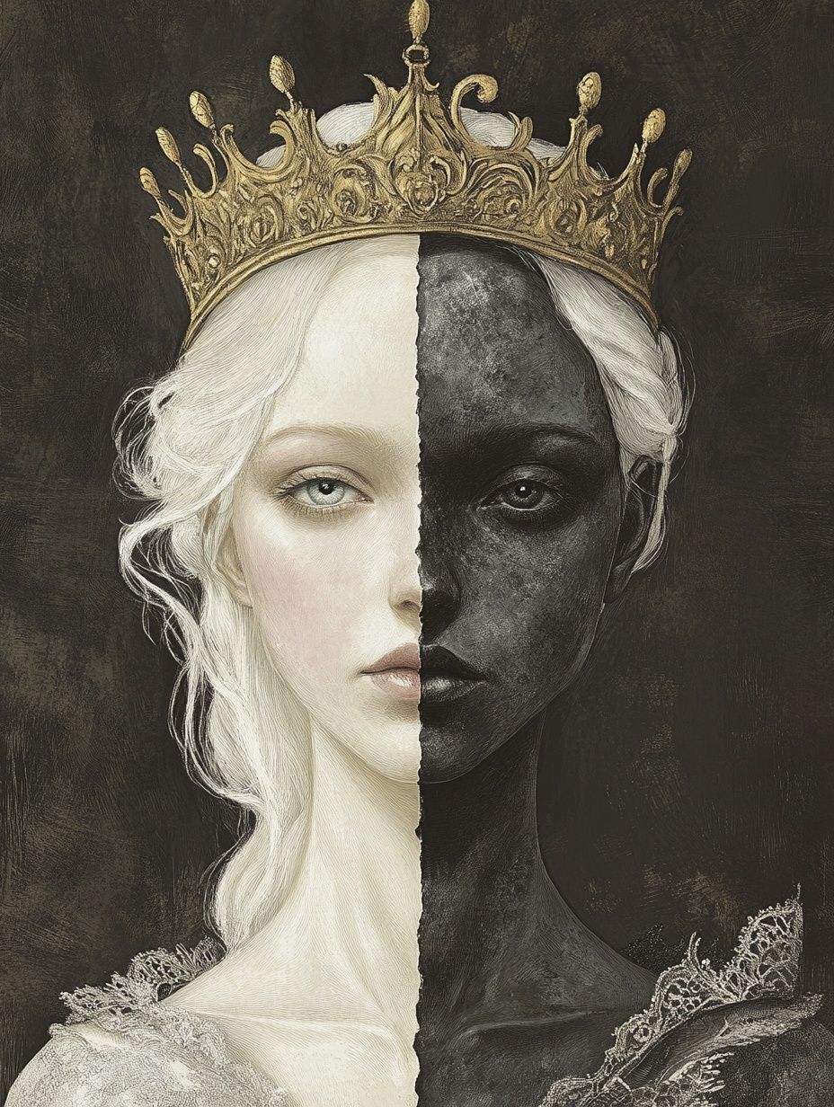 A portrait of a nordic queen, one half of her face and body is beautiful with pale skin, the other half is dark grey and lifeless like stone, vintage illustration.