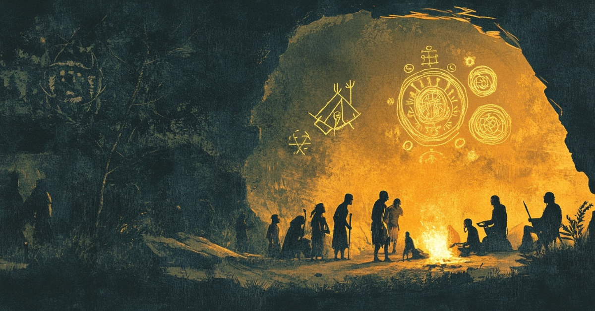 prehistoric men, fire, ancient symbols