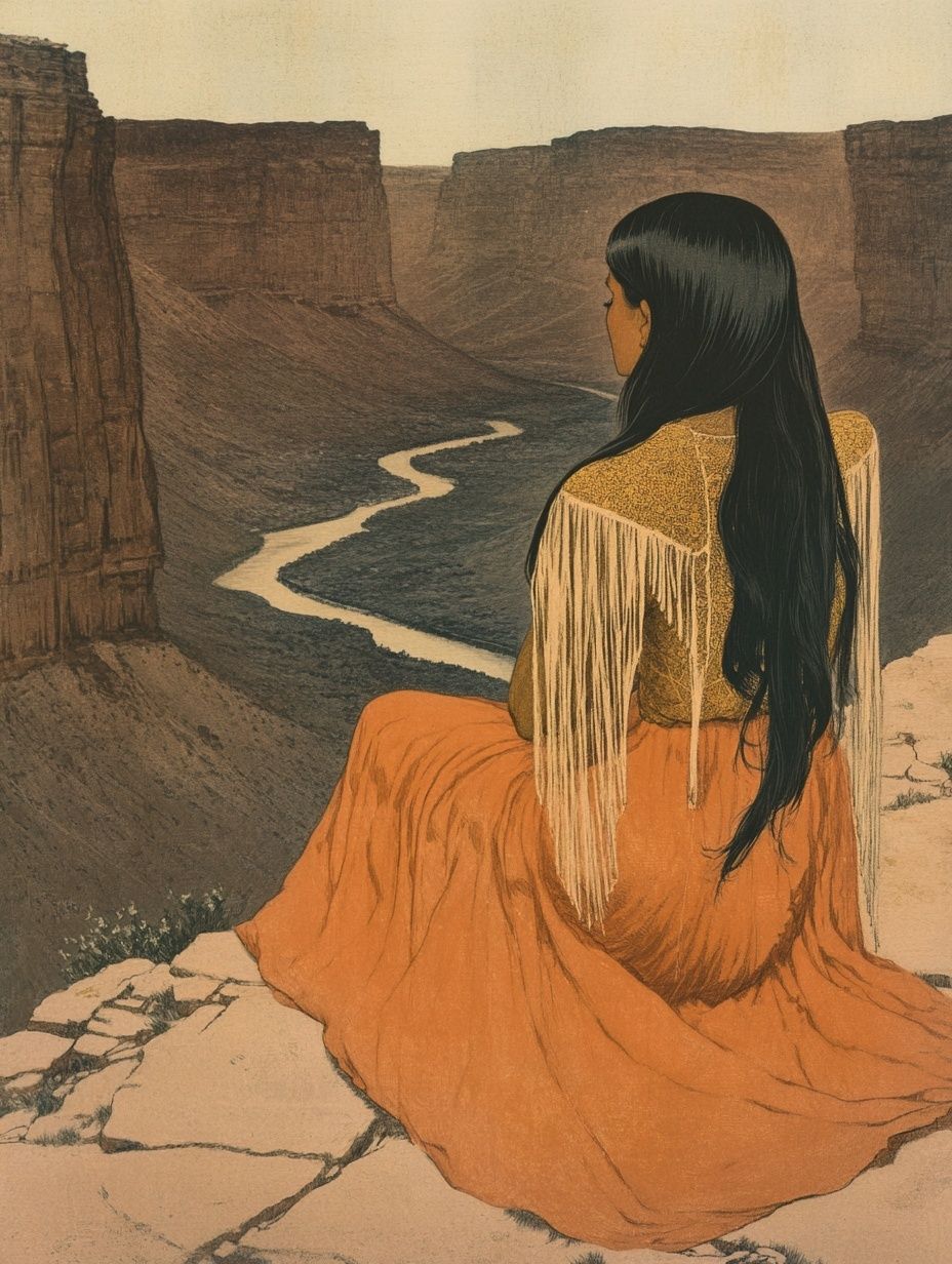 woman long dark hair, orange skirt, looks across valley with river