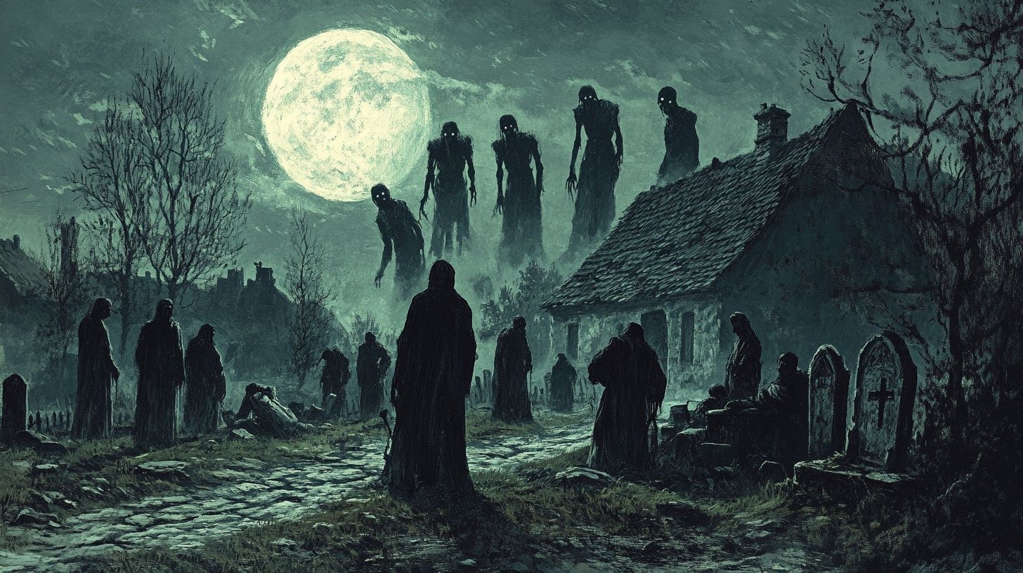 spooky figures lurk in a graveyard, moonlight