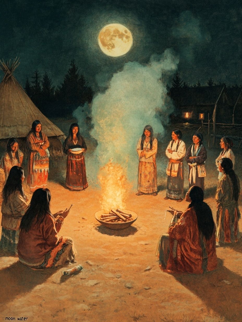 indigenous women stand round fire, full moon in sky