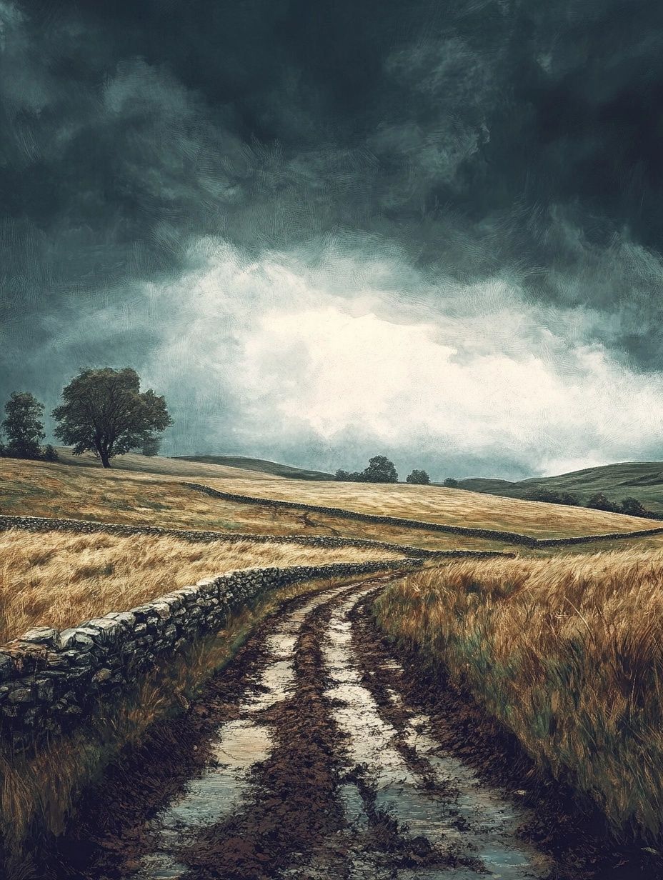 stormy sky over rolling hills and a dirt track