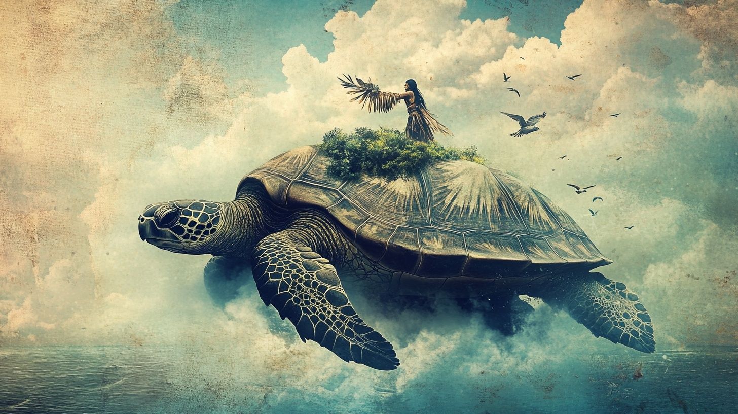Native American woman on back of giant turtle in the sky, birds