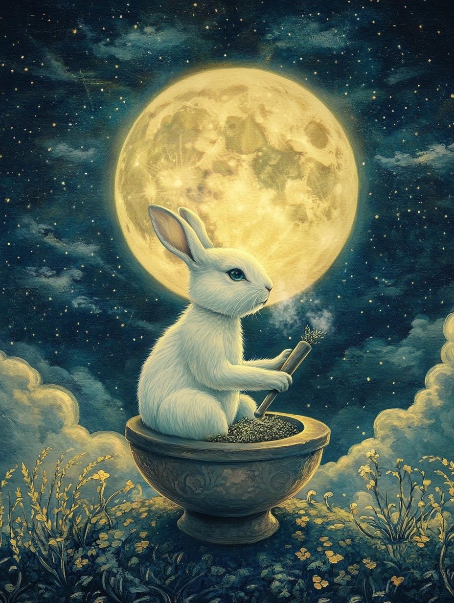 a white rabbit with a pestle and mortar sits in front of a full moon