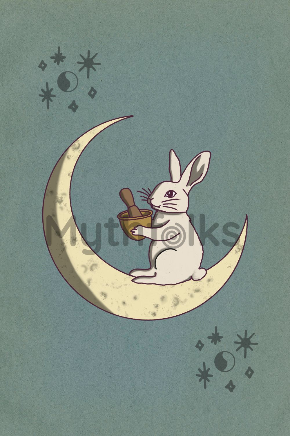 original illustration, white rabbit on moon, holding mortar and pestle