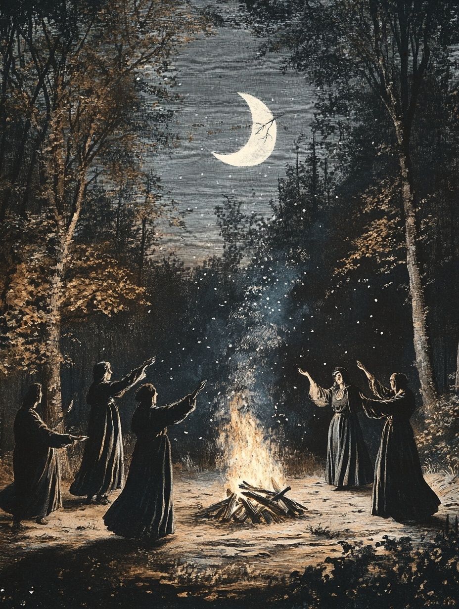 people in robes chant round fire under moonlight