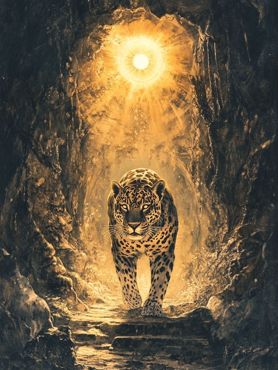 jaguar prowls dark cavern, bright sun above