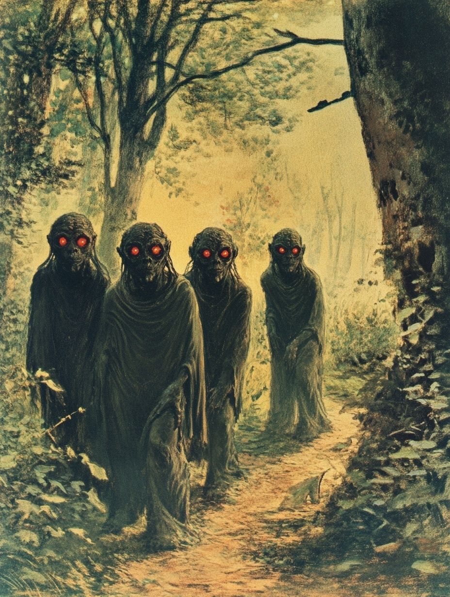 wrinkled dark skinned creatures with red eyes, in woodland