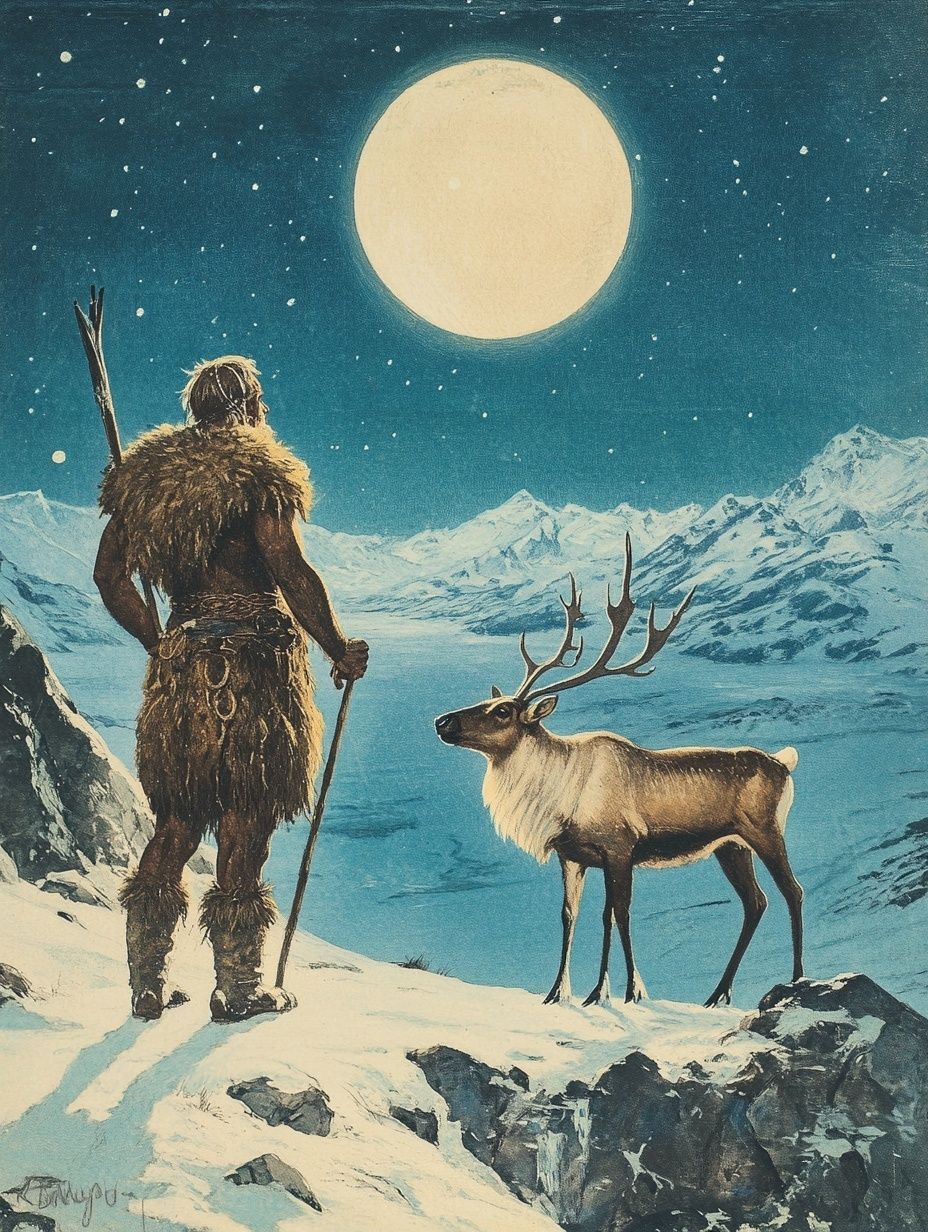 kuu Inuit moon god, caribou, arctic landscape, full moon