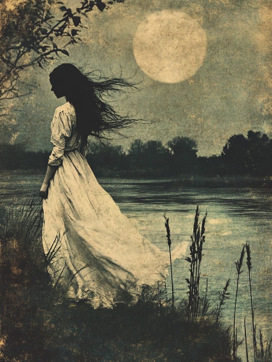 ghostly woman, long white dress, moonlight, vintage, la llorona