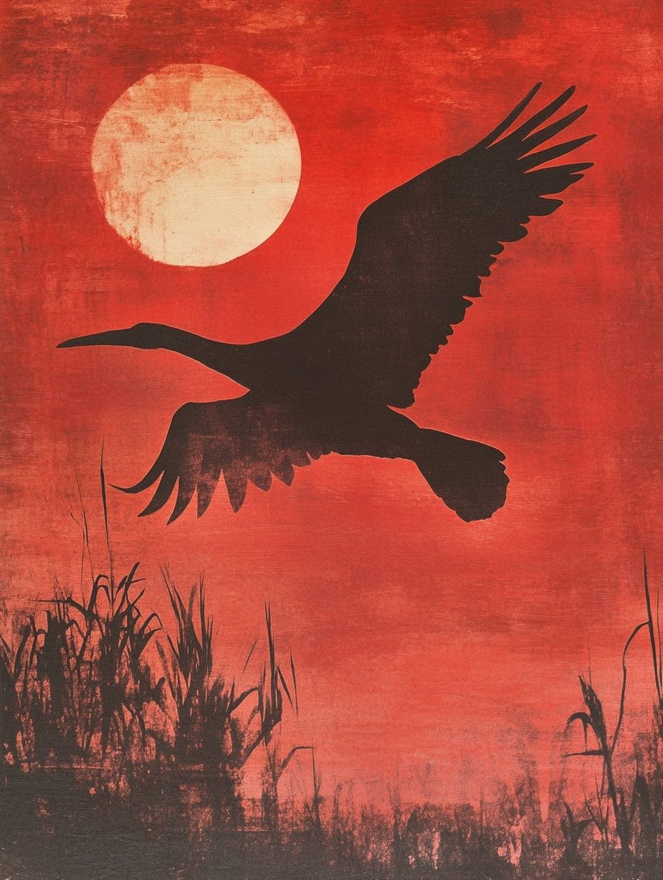 large bird of prey silhouette flies towards sun red sky
