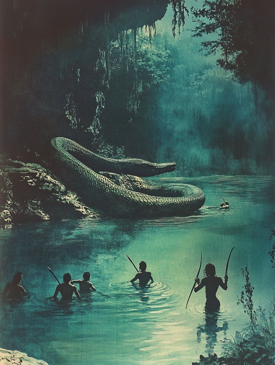 Native American warriors approach a huge serpent at a lake