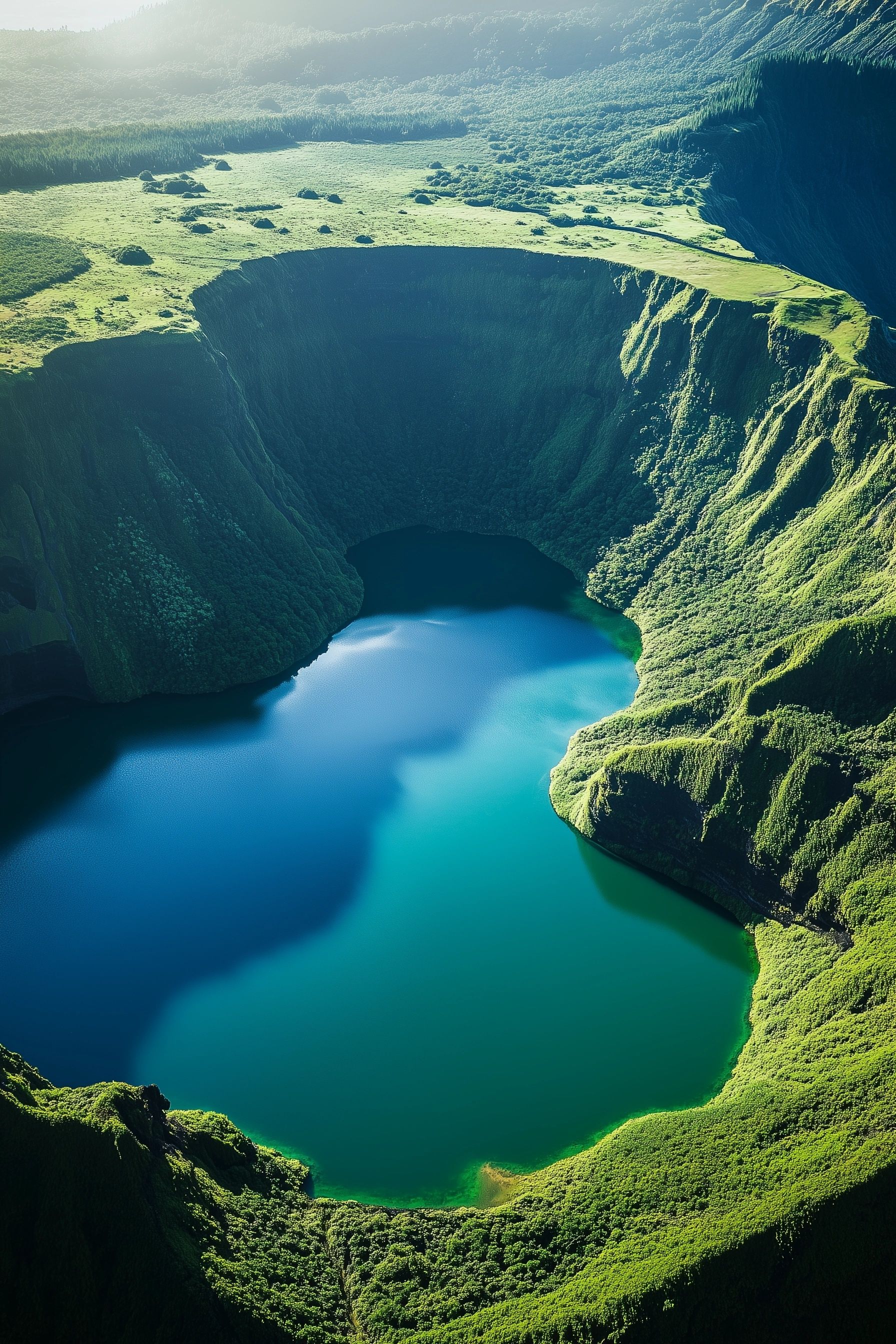 aerial view two lake, one green, one blue, sitting side by side in a deep volcanic crater, surrounding lush greenery, legend of the seven cities portugal