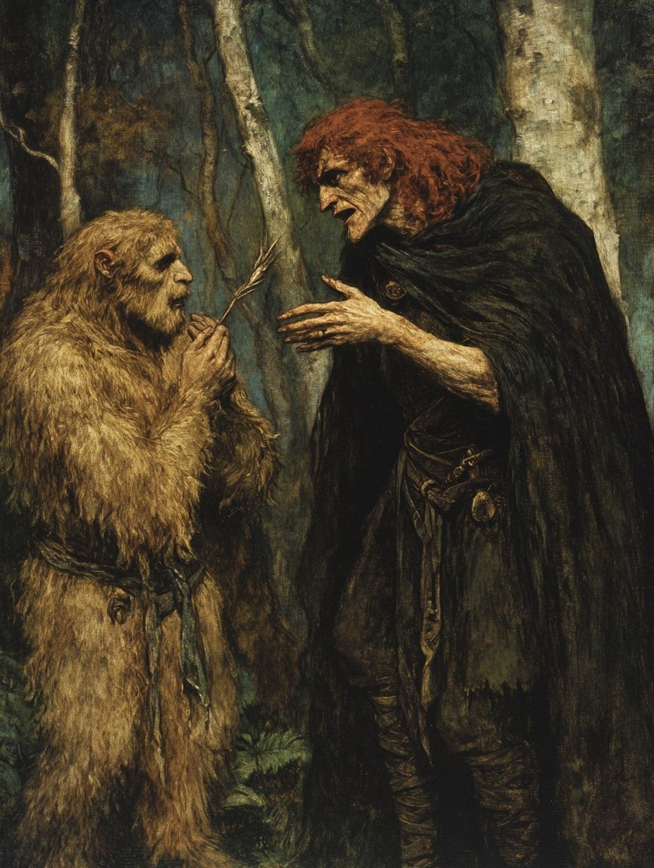 slender, cunning man with a sly grin and fiery red hair, cloaked in shadows, whispering to a creature in woods, vintage illustration.
