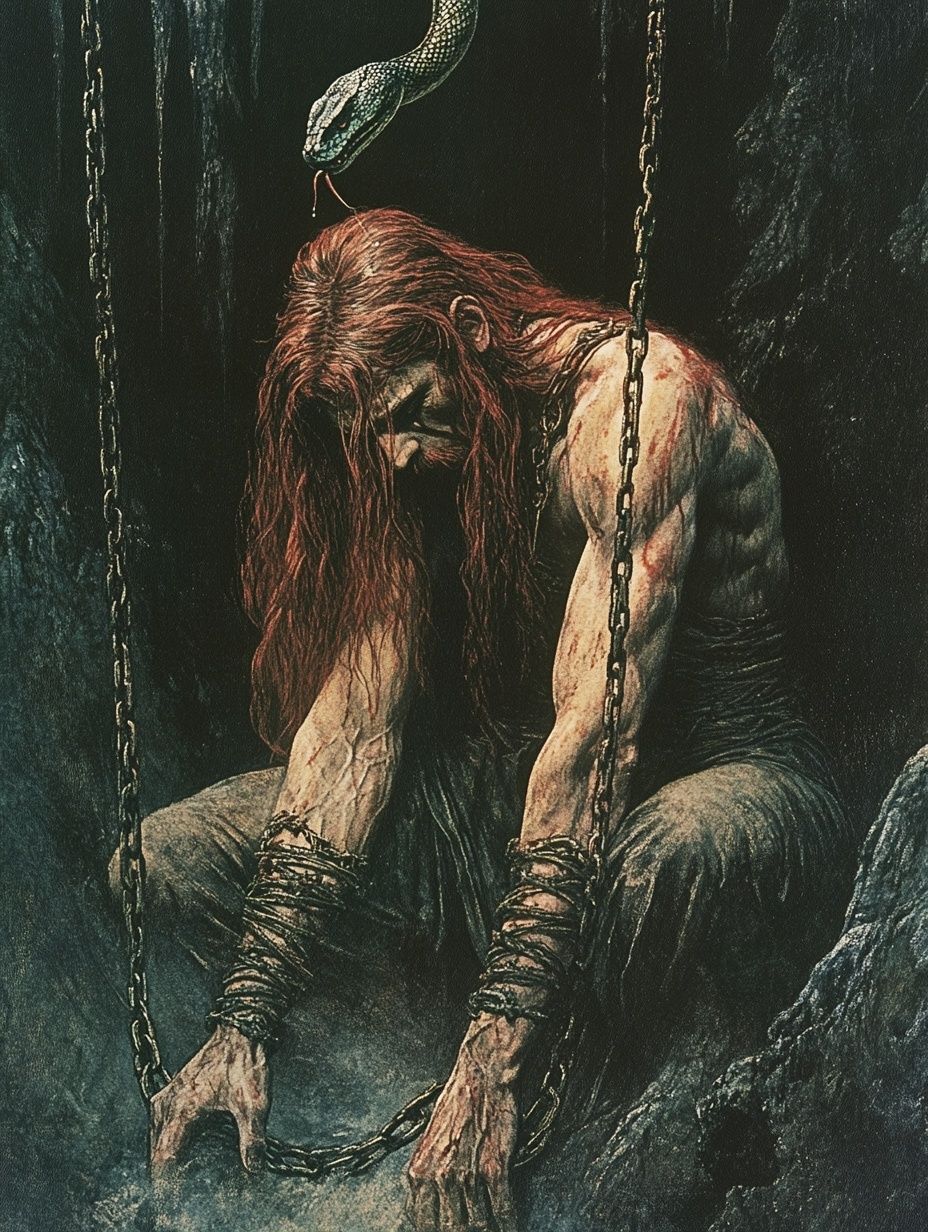 red haired norse god Loki chained in cave, snake above him