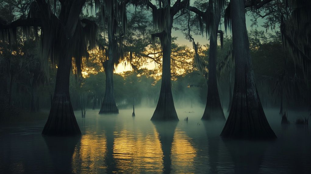 misty lousiana bayou early morning