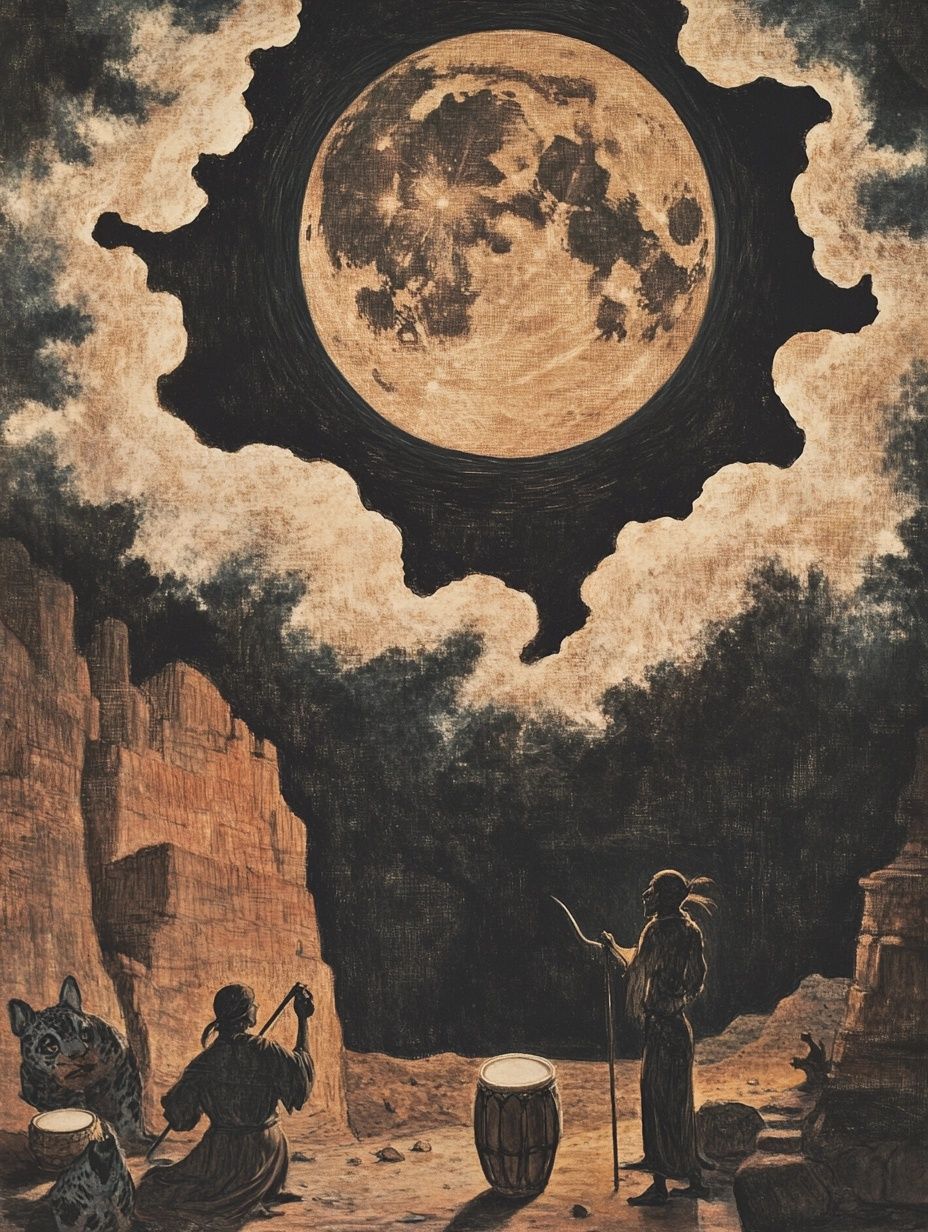 ancient setting, full moon with clouds around, total lunar eclipse