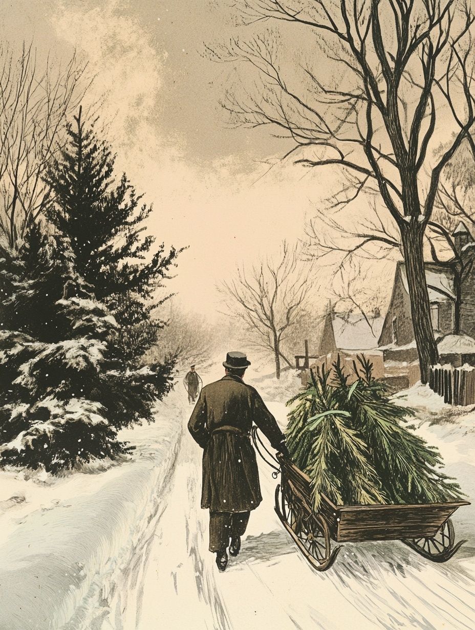 man dragging sled of fir trees across snowy terrain