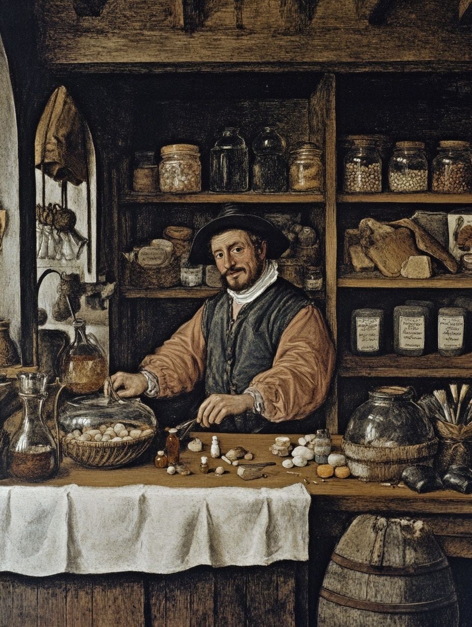 a man in a herbalist shop in old Britain