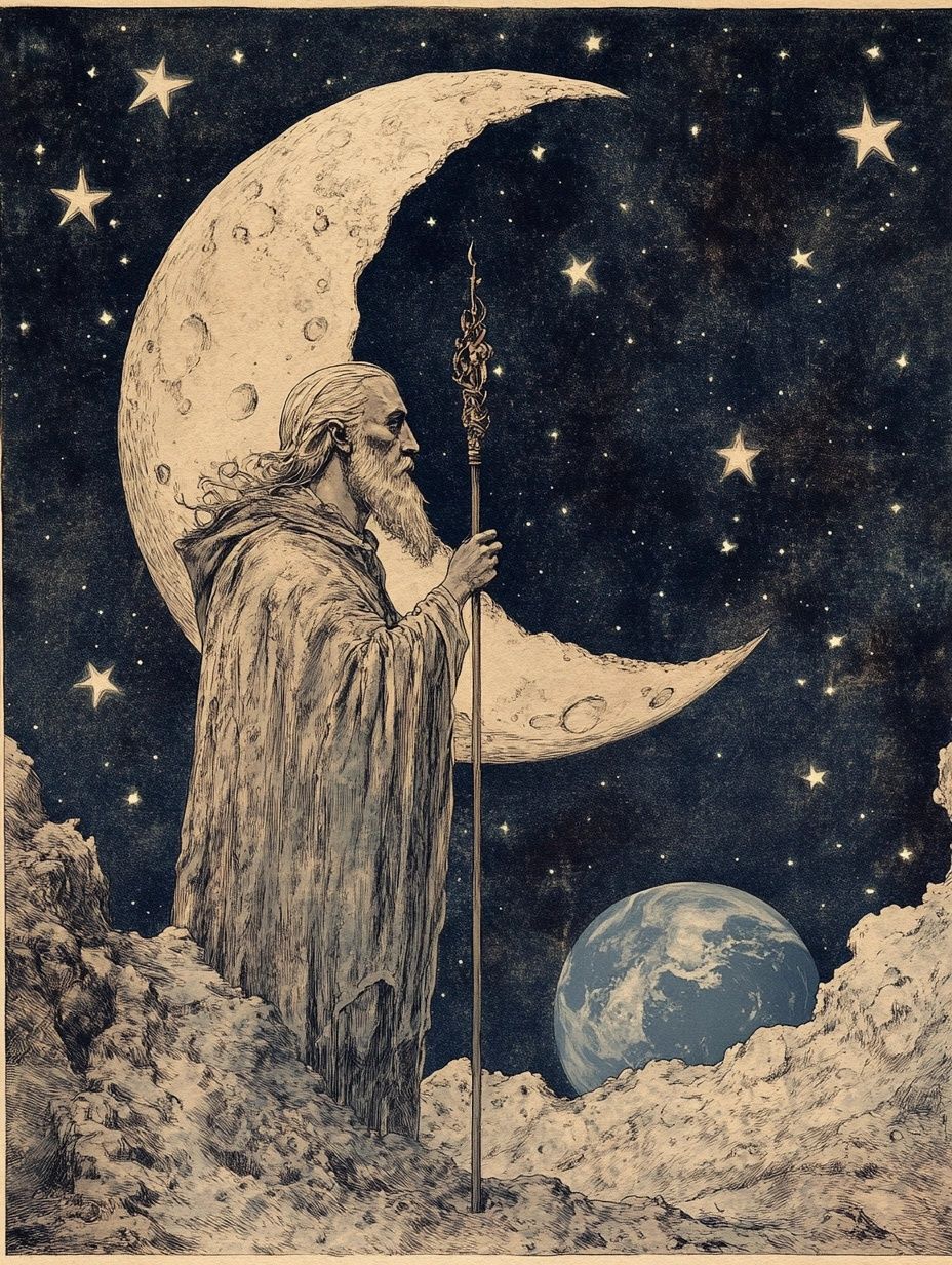 A medieval-style illustration of the Man in the Moon, a solemn figure trapped on the lunar surface, surrounded by stars, holding a staff, with a distant Earth visible in the background, vintage illustration.