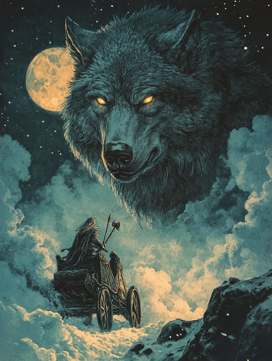 mani norse moon god in chariot in sky, huge wolf bearing down, moon