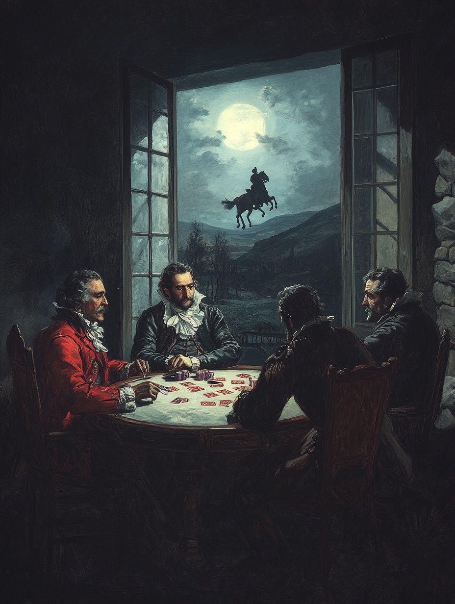 men play cards in 18th century, man on horse seen through open window, moonlight