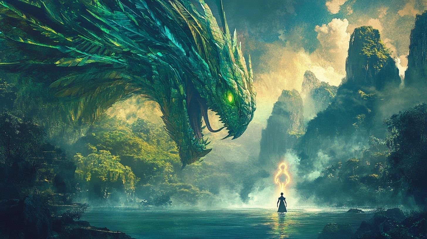 huge feathered green serpent, misty lake