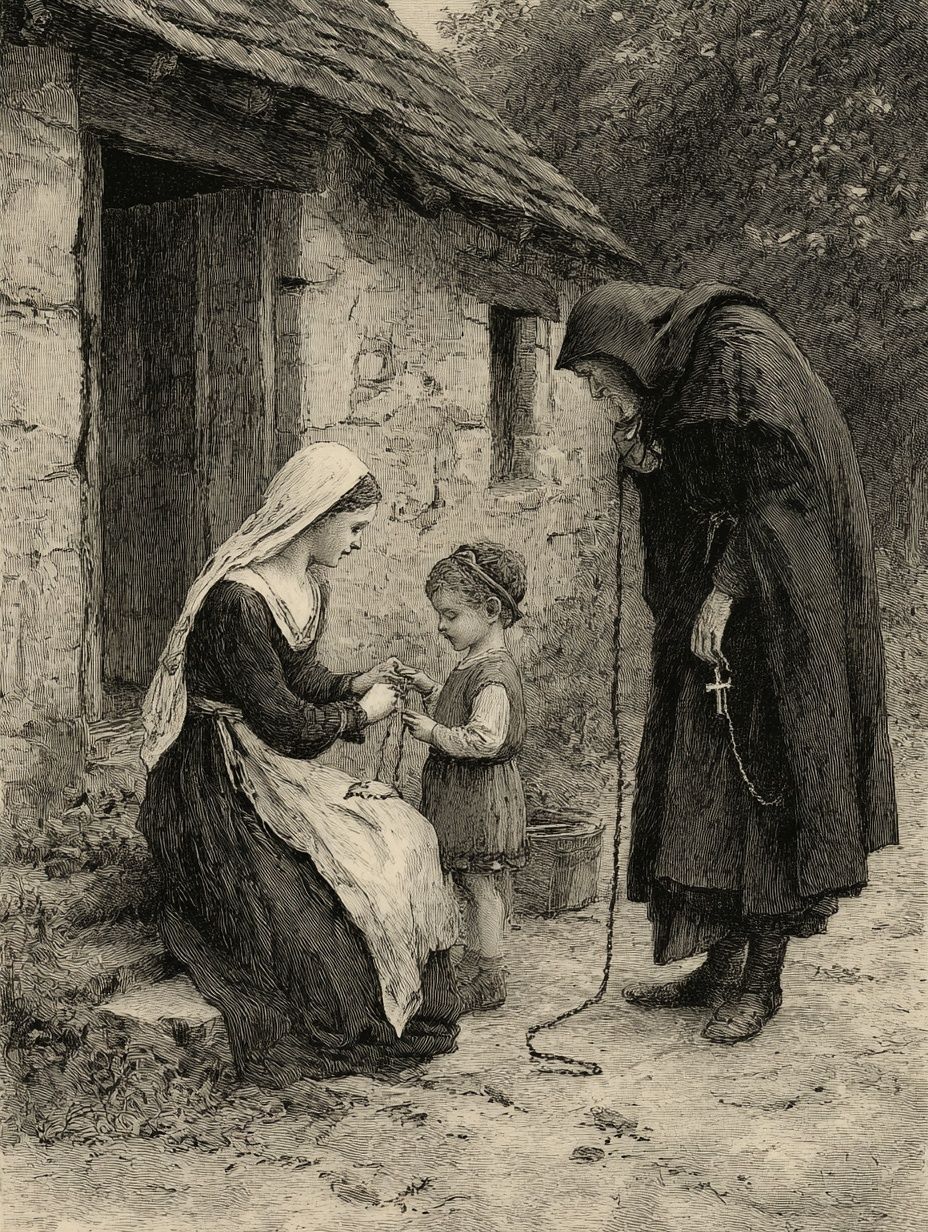 medieval woman giving child necklace, old hooded man, holding cross