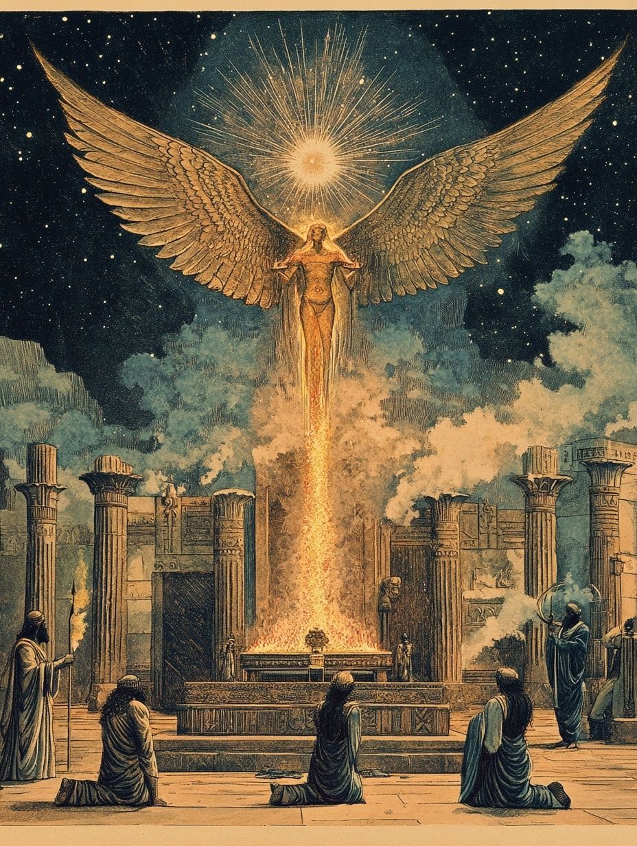 ancient god with wings and people kneeling before him