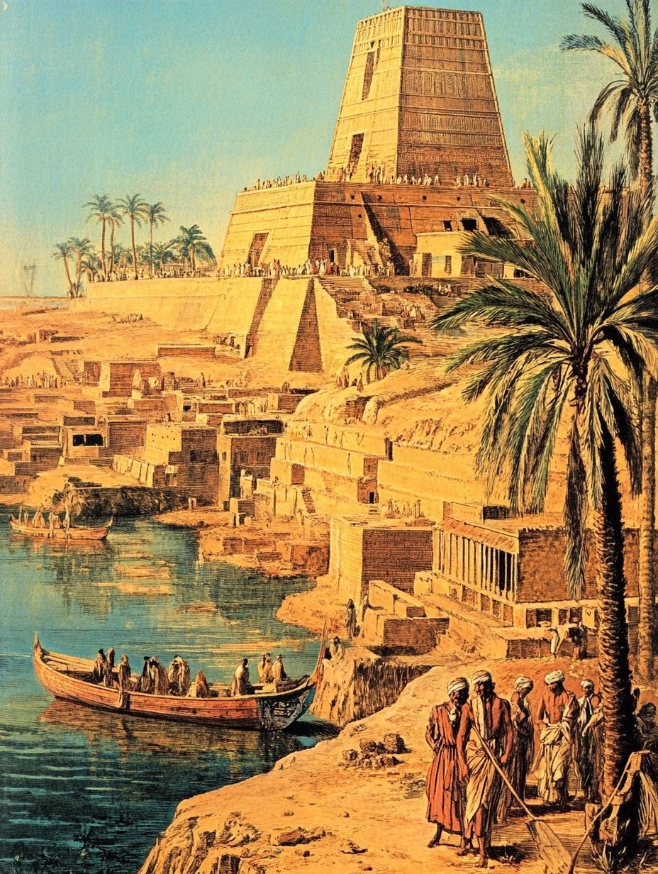 historical mespotamian dessert scene, boat, people