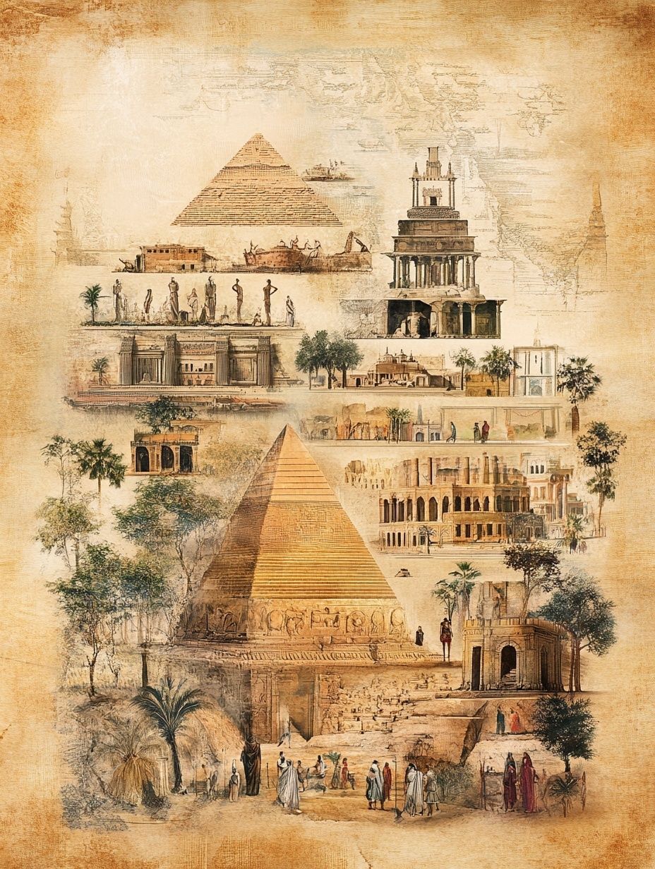 vintage image buildings of multiple ancient civilizations