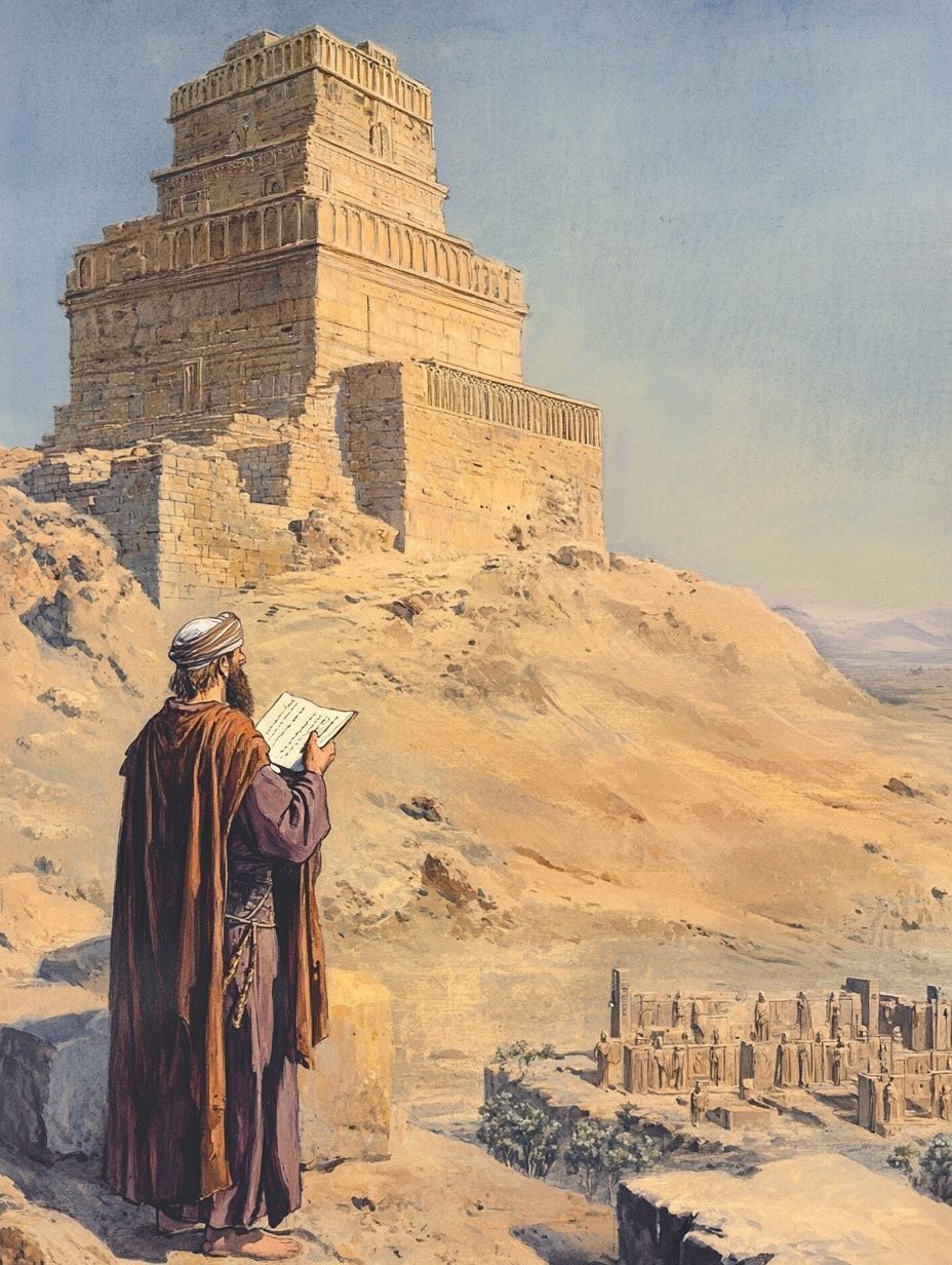ancient man read scripture in desert, ancient buildings