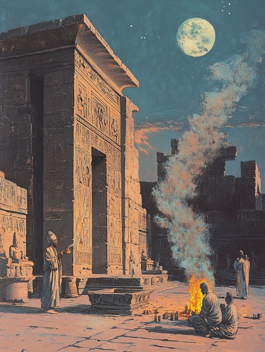 ancient people and fire outside ancient temple