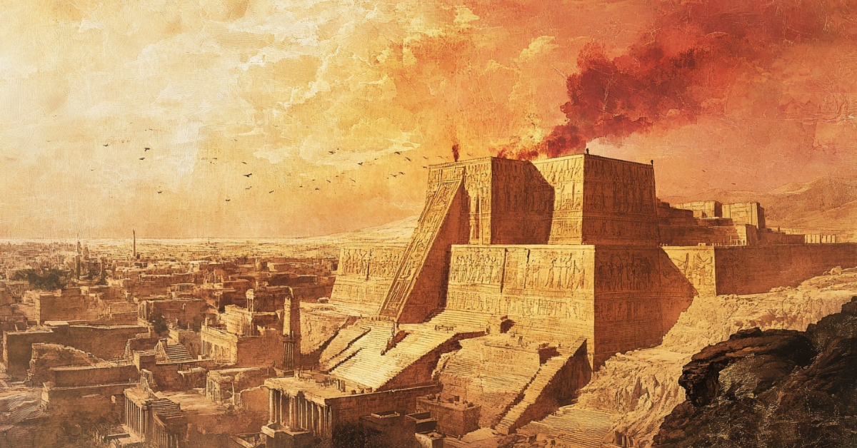 ancient Mesopotamian city, fiery skies