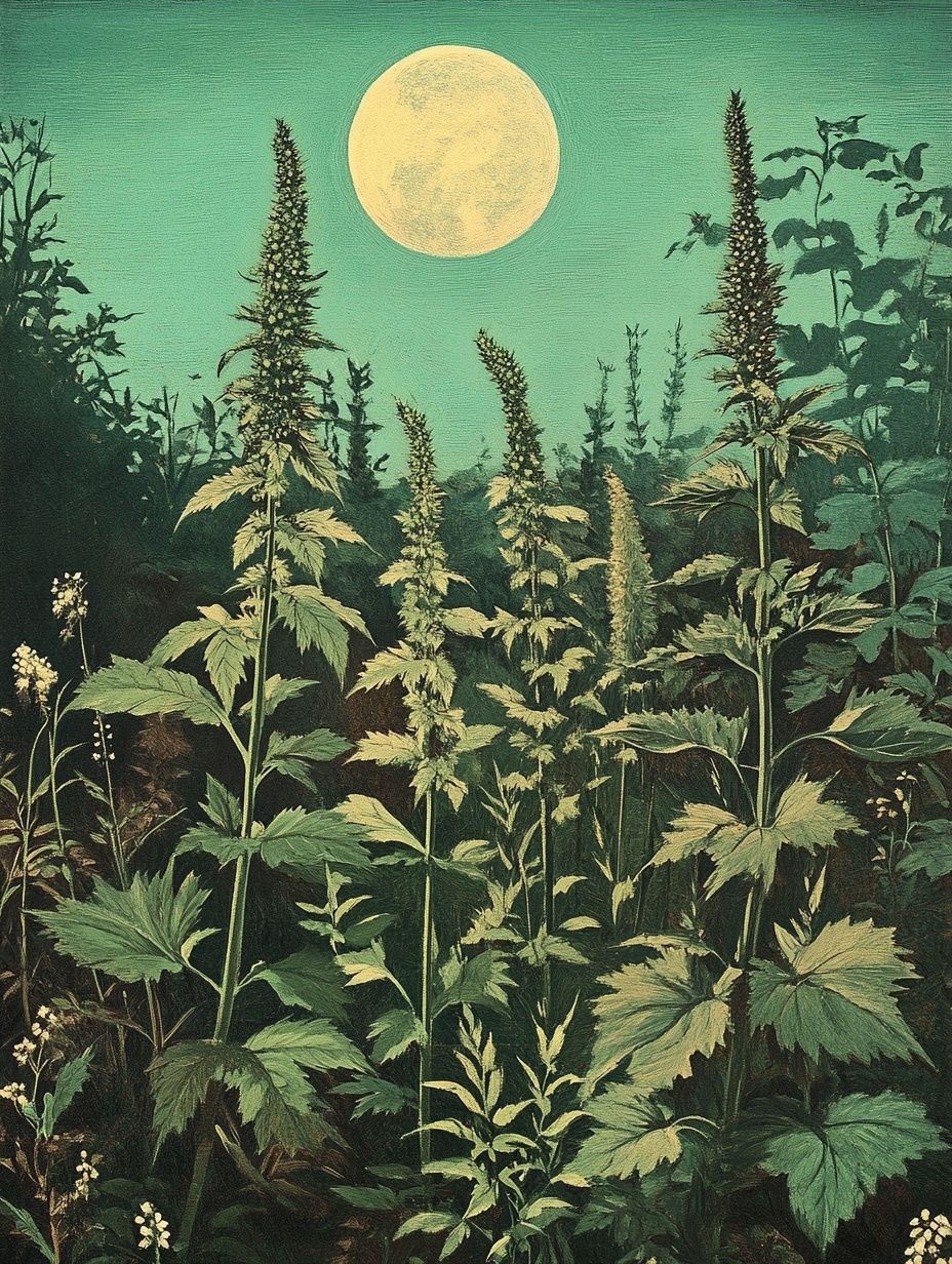 full moon over nettles and other herbs in forest