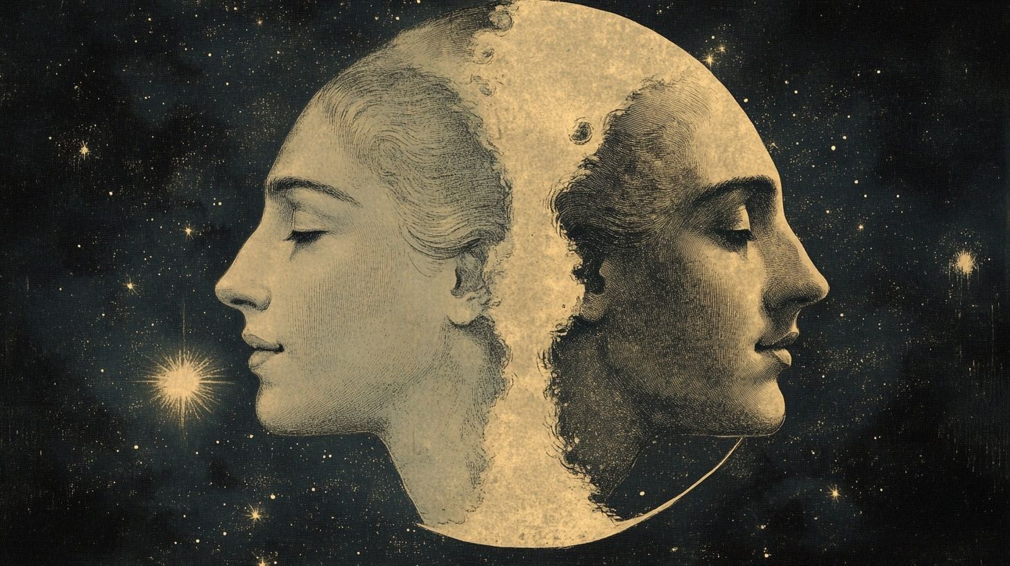 a solitary witch stands under a mystic full moon, purple blue sky