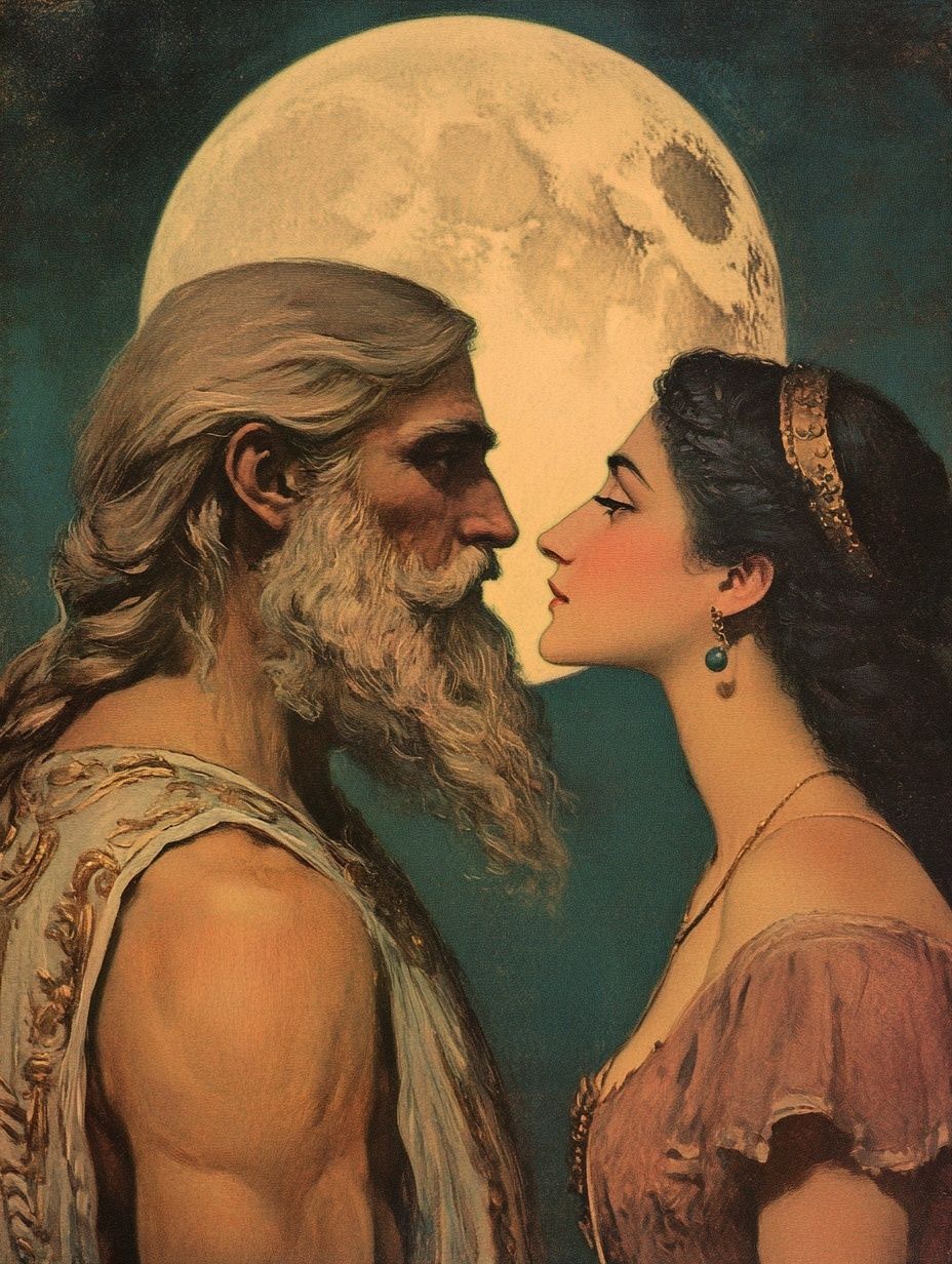 ancient moon god and goddess stare at each other under full moon