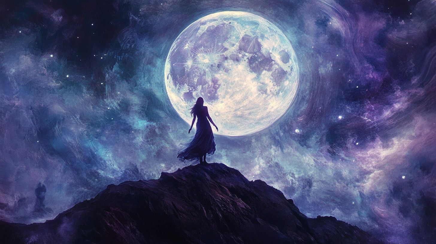 a solitary witch stands under a mystic full moon, purple blue sky
