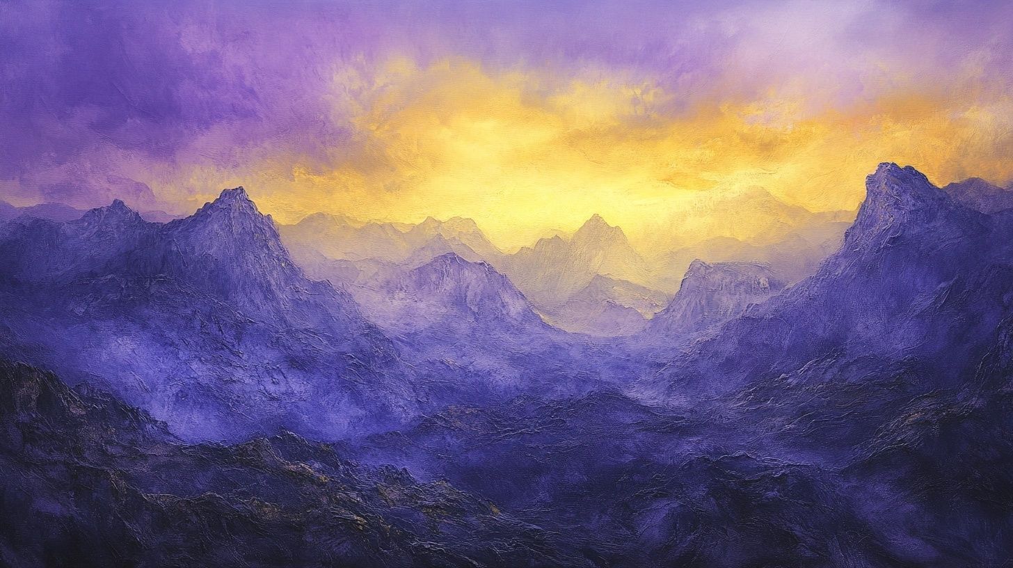 purple yellow mountain landscape, watercolor