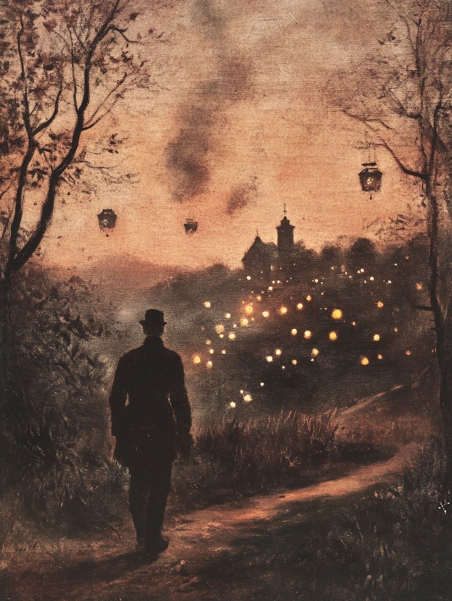 man watches over village, lights hover nearby