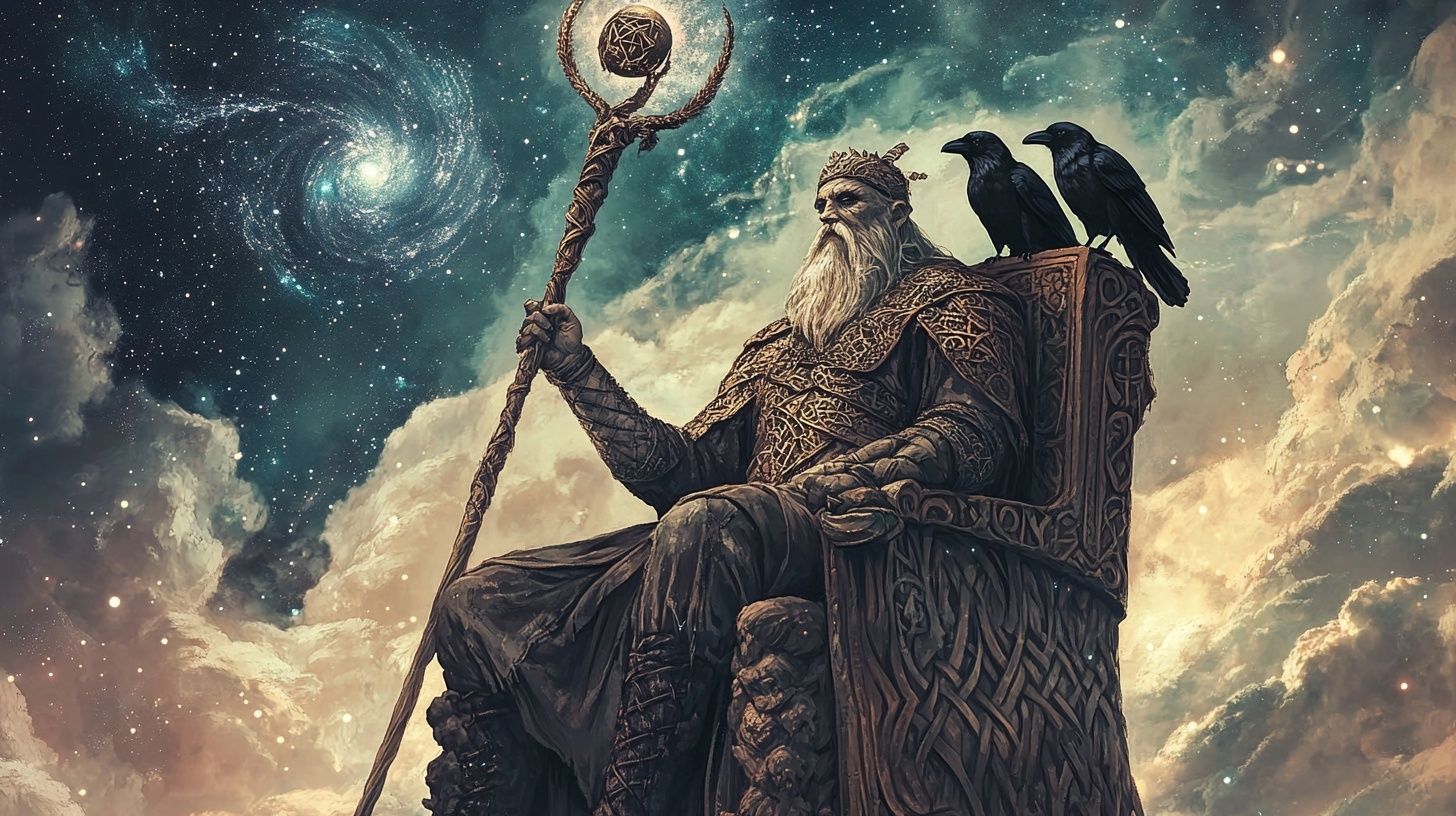 norse god with staff on throne, 2 ravens perched, night sky