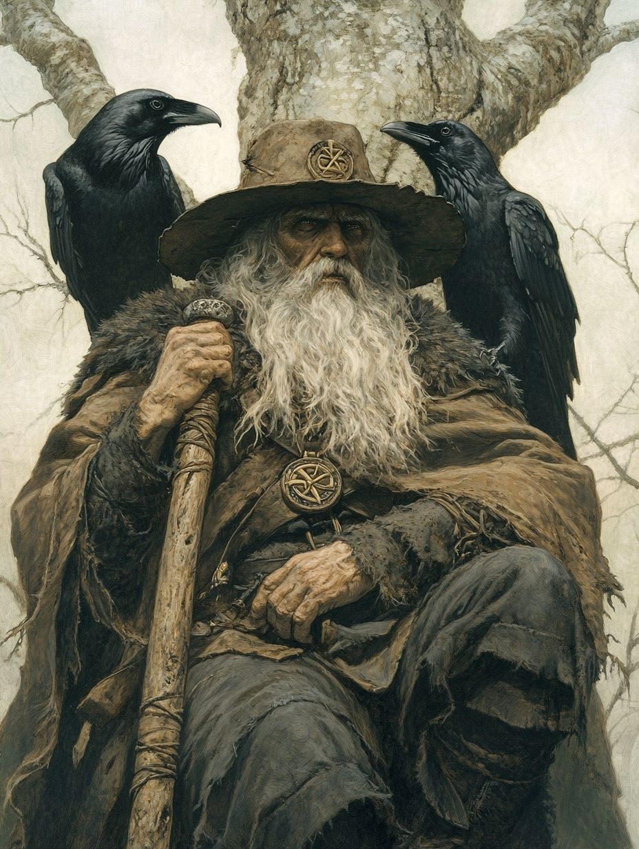 old man, long grey bear, staff, black ravens, nordic symbols