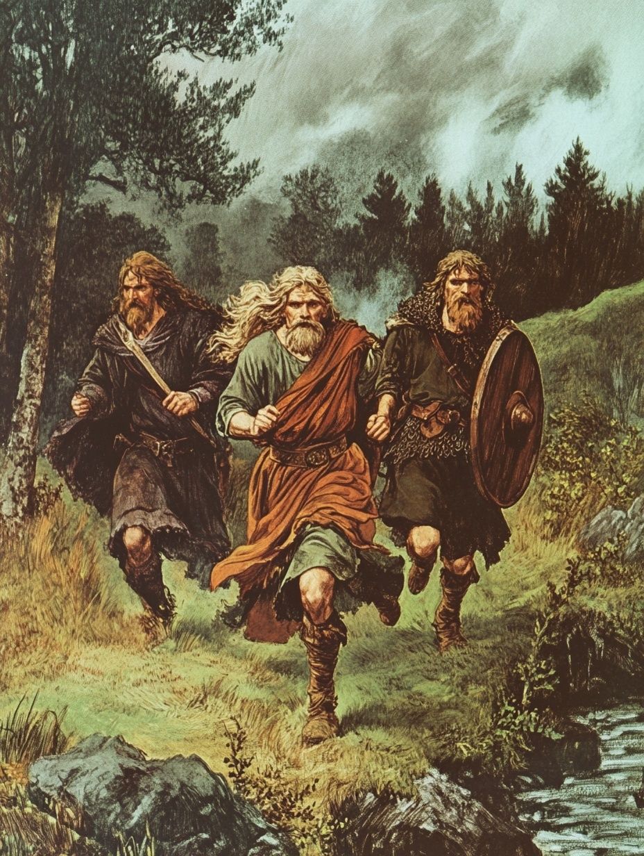 old Celtic warriors run across landscape