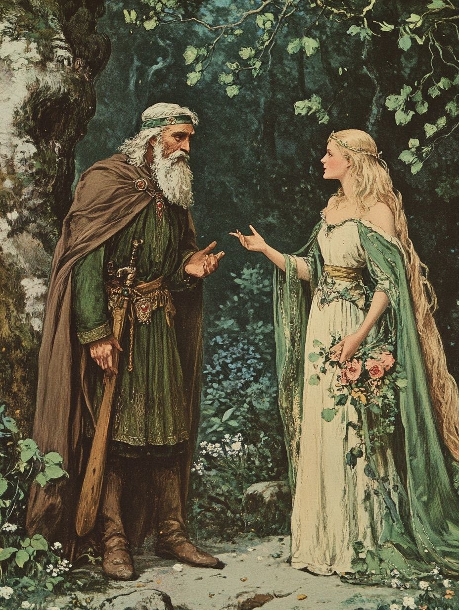 old German count, grey beard, converses with a fairy princess with long blond hair