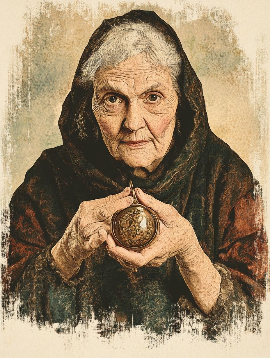 old woman holding talisman