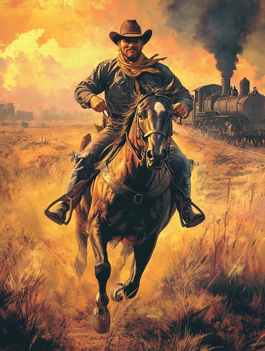 cowboy riding horse, steam train behind him, sunset