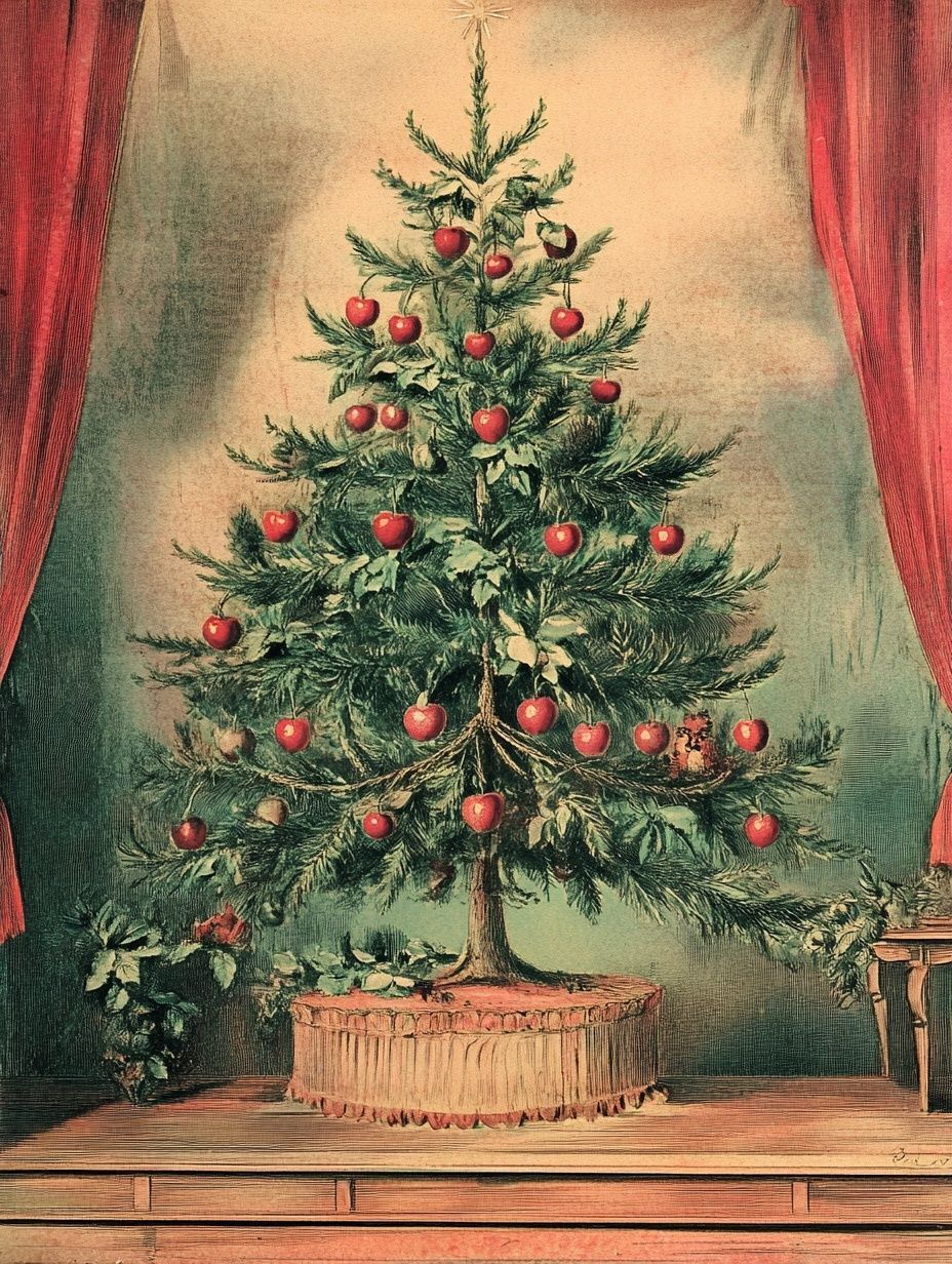 fir tree decorated with red apples on a wooden stage