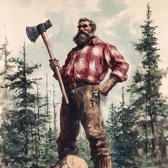 lumberjack holding axe, red white shirt, forest