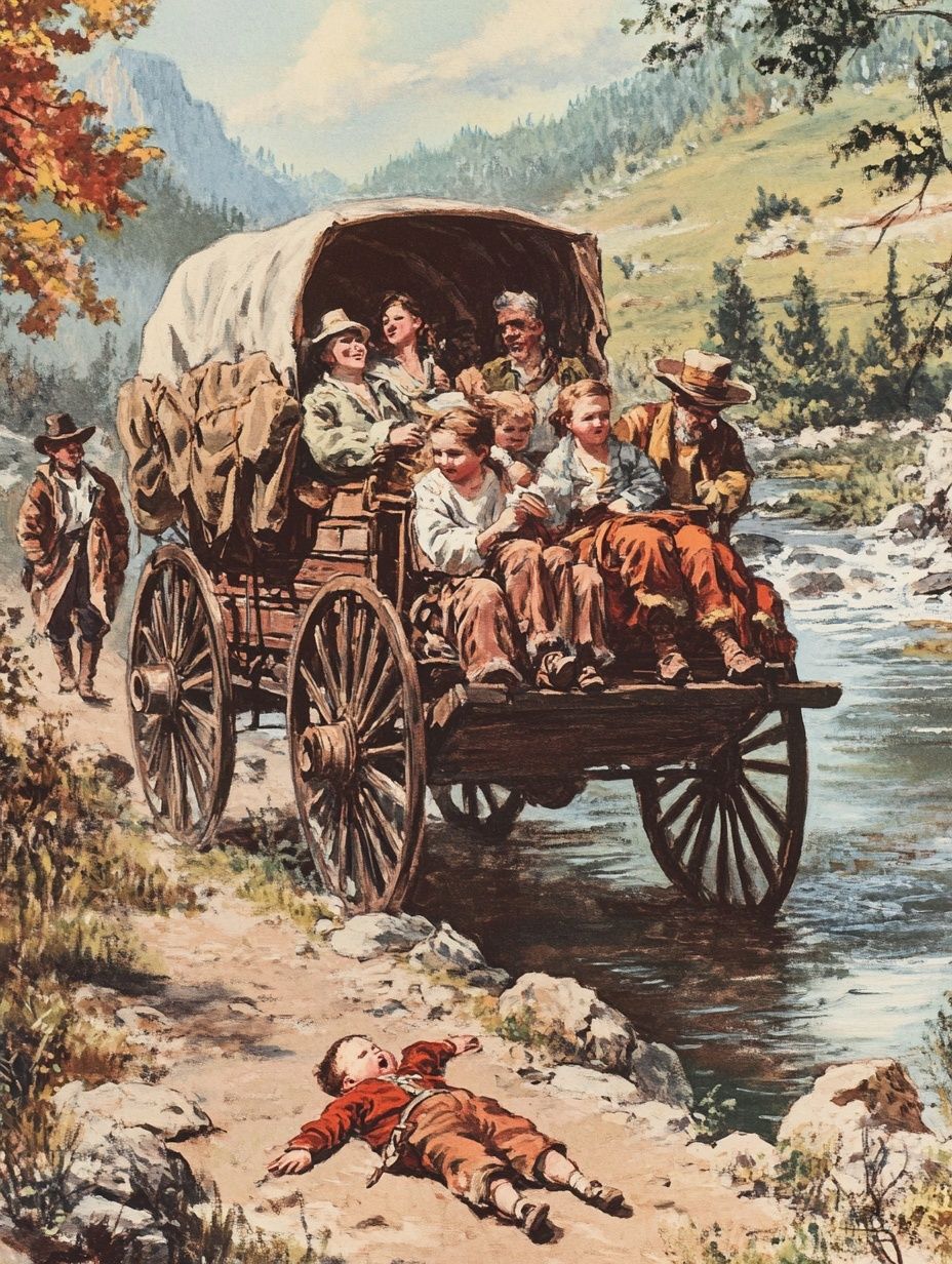 an old wagon full of people by a river, a small boy lies on the ground